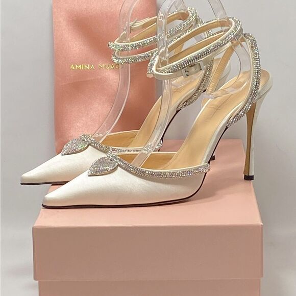 Mach & Mach Crystal Heart 110 Satin Ankle-Strap Pumps size 38 - Picture 14 of 16